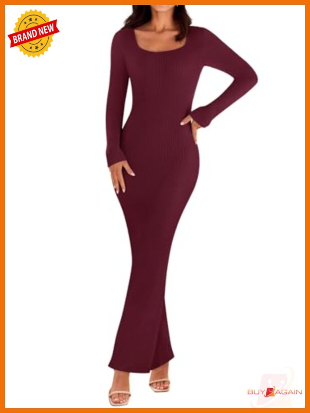 Ribbed Knit Bodycon Maxi Sweater Dress Square Neck Long Sleeve